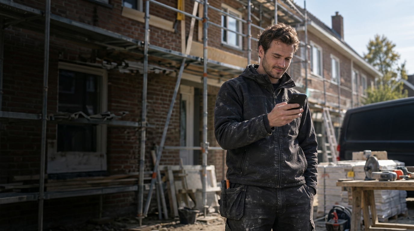 Bouwprofessional bekijkt een aanvraag op zijn smartphone op een bouwplaats
